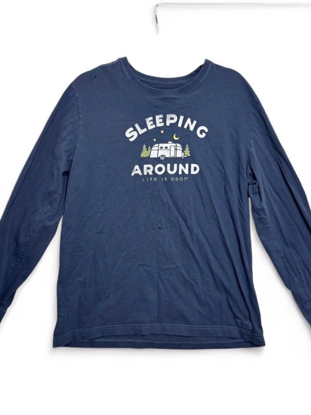 Life Is Good Sleeping Around Graphic Crusher Tee Sz M Blue Camper Long Sleeve